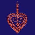 Orange Indian tracery pattern henna heart on deep blue background